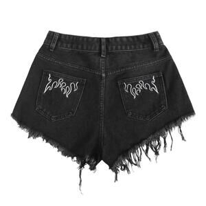 Shein Raw Hem Fire Print Black Denim High Rise Shorts Size Medium